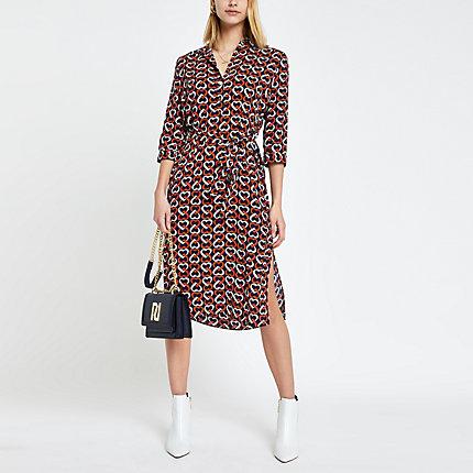 River Island Womens Heart Print Tie Waist Shirt Dress
