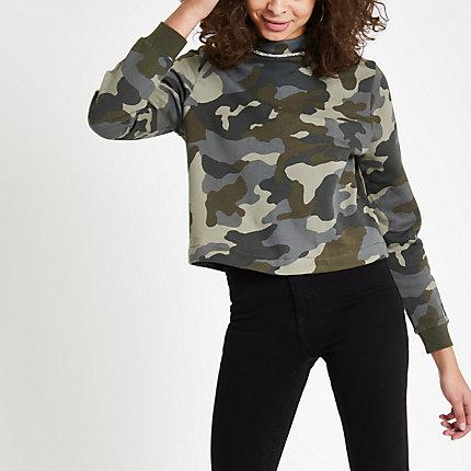 River Island Womens Camo Print Rhinestone Trim Sweatshirt