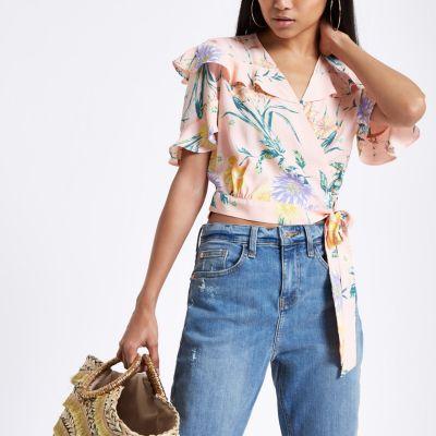 River Island Womens Petite Floral Wrap Crop Top