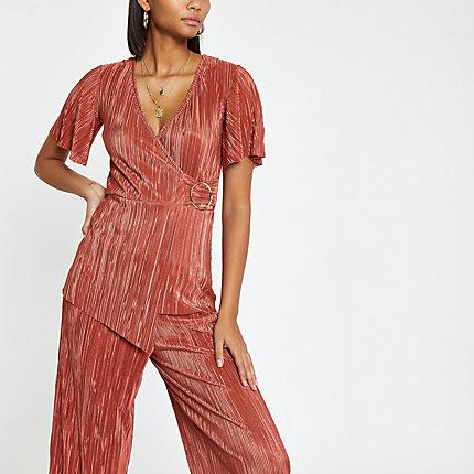 River Island Womens Rust Plisse Loose Fit Top
