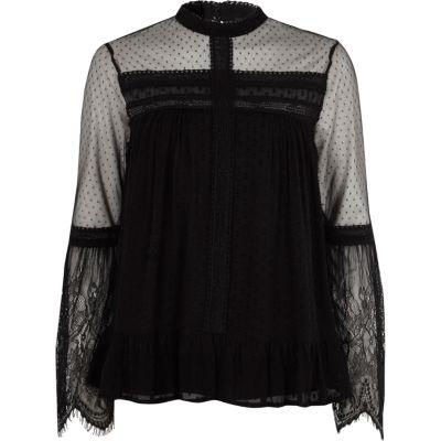 River Island Womens Dobby Mesh Lace Trim High Neck Top