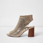 River Island Womens Gold Metallic Laser Cut Block Heel Sandals