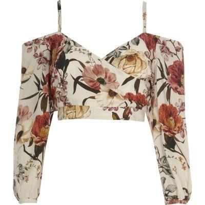River Island Womens Floral Print Bardot Wrap Crop Top