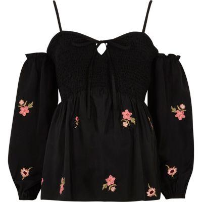 River Island Womens Shirred Embroidered Off Shoulder Top