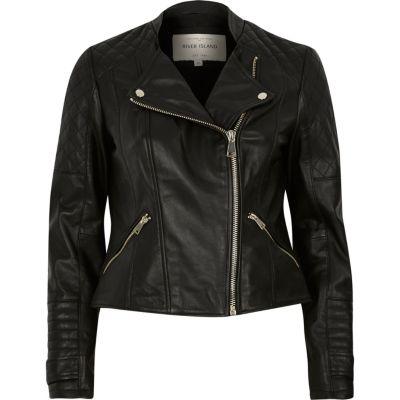 River Island Womens Leather Quilted Collarless Biker Jacket