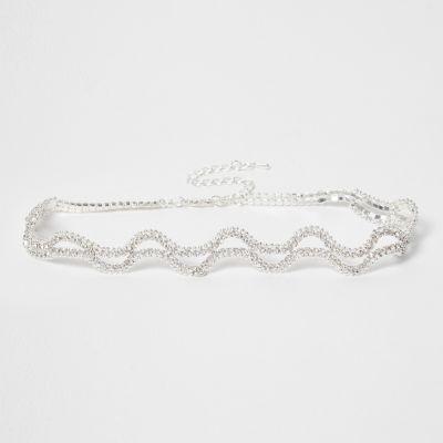 River Island Womens Silver Tone Wavy Rhinestone Choker