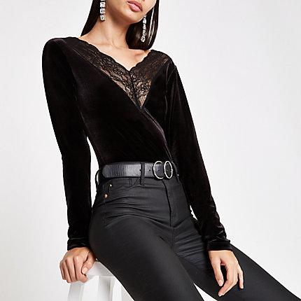 River Island Womens Lace Trim Velvet Bodysuit