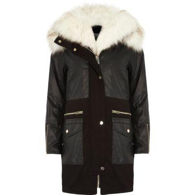 River Island Womens And Khaki Panel Fur Collar Parka Coat