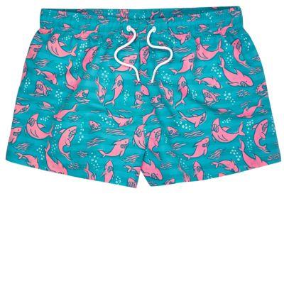 River Island Mens Shark Print Slim Fit Swim Trunks