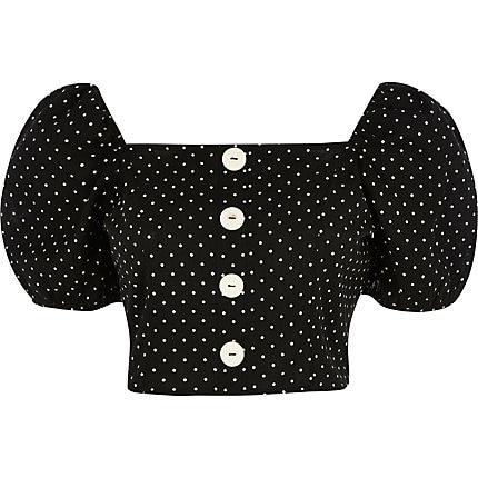 River Island Womens Petite Spot Puff Sleeve Crop Top