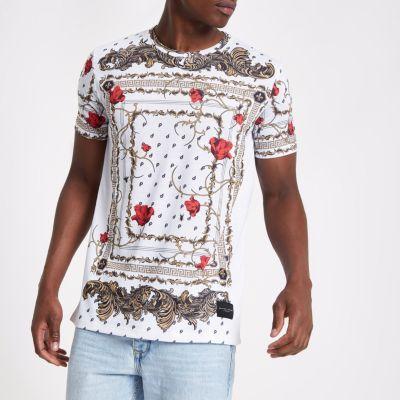 River Island Mens White Criminal Damage Baroque Print T-shirt