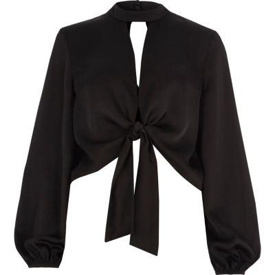 River Island Womens Satin Tie Front Long Sleeve Crop Top