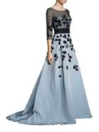 Carolina Herrera Illusion Sleeve Embroidered Colorblock Gown