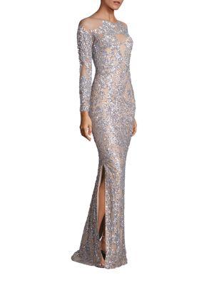Mikael D Silver Sequin Nude Gown