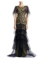 Marchesa Notte Embroidered Tiered Flutter-sleeve Gown