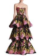 Marchesa Strapless Tiered Floral Gown