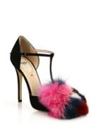 Fendi Suede, Mink & Fox Fur T-strap Sandals