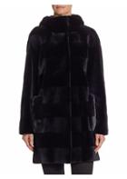 The Fur Salon Horizontal Stripe Hooded Mink Velvet Coat