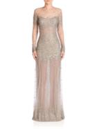 Monique Lhuillier Embroidered Long-sleeve Illusion Gown
