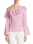 Scripted Ruffled Gingham One-shoulder Bell-sleeve Top