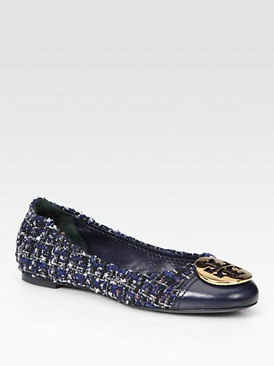 Tory Burch Serena Tweed And Leather Logo Ballet Flats