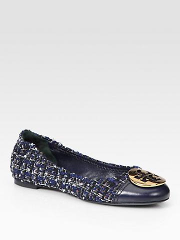 Tory Burch Serena Tweed And Leather Logo Ballet Flats