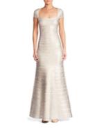 Herve Leger Foiled Cap-sleeve A-line Gown