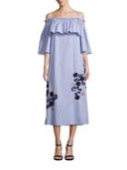 Suno Embroidered Off-the-shoulder Pinstriped Flare Dress