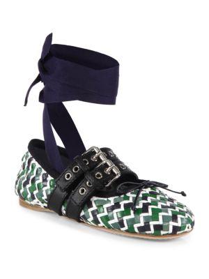 Miu Miu Belted Woven Multicolor Leather Ankle-wrap Ballet Flats