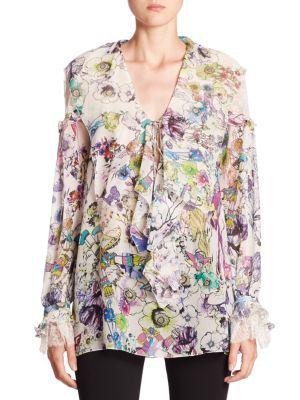 Roberto Cavalli Ruffled Lace-trim Floral-print Silk Blouse