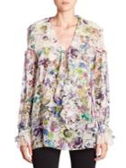 Roberto Cavalli Ruffled Lace-trim Floral-print Silk Blouse
