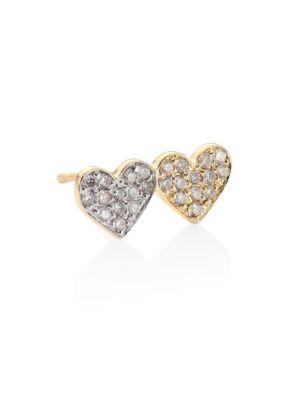 Sydney Evan Small Pave Double Heart Diamond & 14k Yellow Gold Single Earring Stud