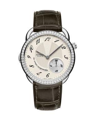 Hermes Watches Arceau Le Temps Suspendu Diamond, Stainless Steel & Alligator Strap Watch