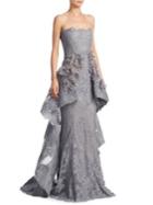 Marchesa Strapless Lace Peplum Gown