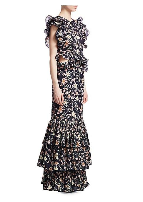 Johanna Ortiz Silk Floral Tiered Column Gown