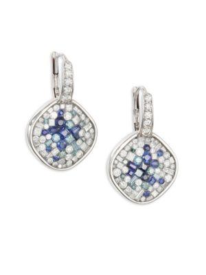 Pleve Diamond, Blue Sapphire & 18k White Gold Cushion Drop Earrings