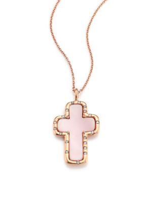 Lj Cross Champagne Diamond, Mother-of-pearl & 14k Rose Gold Cross Pendant Necklace