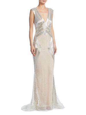 Mikael D Beaded Geometric Gown