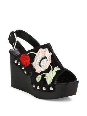 Alexander Mcqueen Floral-embroidered Suede Wedge Slingbacks