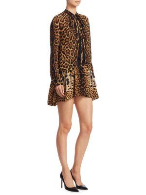 Saint Laurent Leopard-print Crepe De Chine Flounce Dress