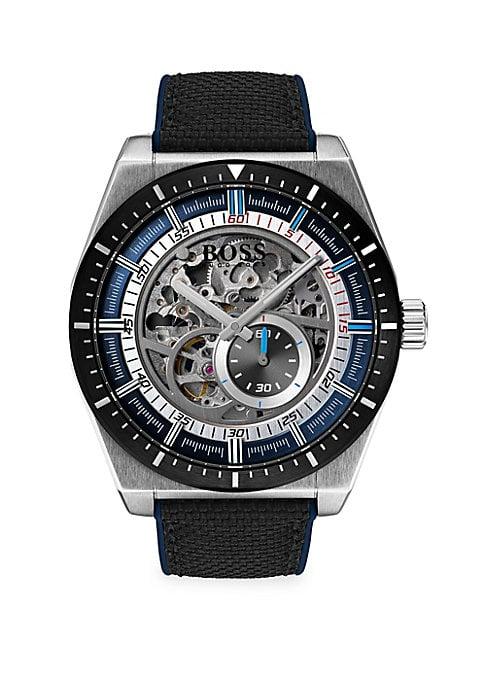 Hugo Boss Signature Timepiece Skeleton Stainless Steel, Black Leather & Nylon Chronograph Bracelet Watch