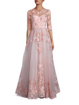 Mikael D Blush Floral Embroidered Tulle Gown