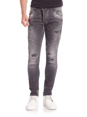 Pierre Balmain Faded Distressed Patch Slim-fit Jeans
