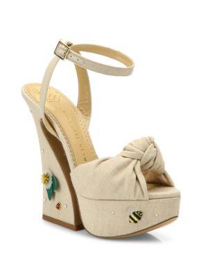 Charlotte Olympia Vreeland Floral-embroidered Knotted Linen Platform Sandals