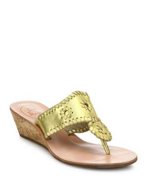 Jack Rogers Whipstitched Metallic Leather Mid-wedge Sandals