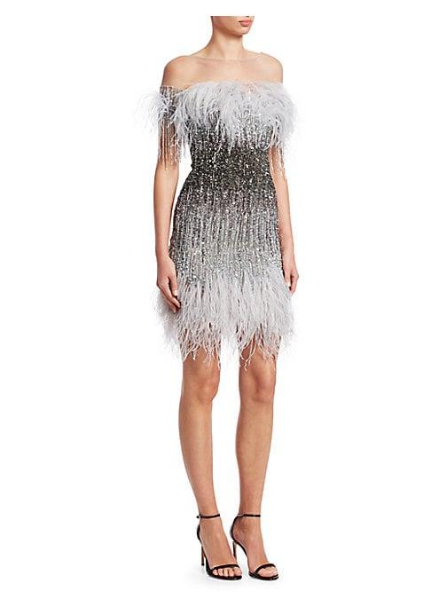 Pamella Roland Ostrich Feather Sequin Embroidered Cocktail Dress
