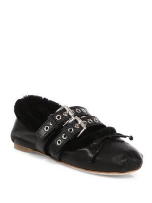 Miu Miu Double-strap Leather & Shearling Ballet Flats