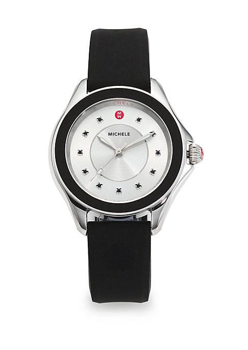 Michele Watches Cape Black Topaz, Stainless Steel And Silicone Strap Watch