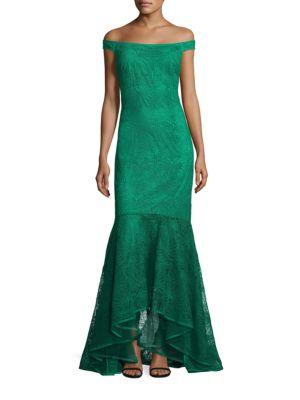 Kay Unger Crochet Lace Off-the-shoulder Gown