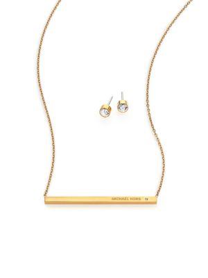 Michael Kors Logo Bar Pendant Necklace & Stud Earrings Set/goldtone